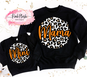 Mama and Mini Leopard Print Sweatshirts Black and Orange