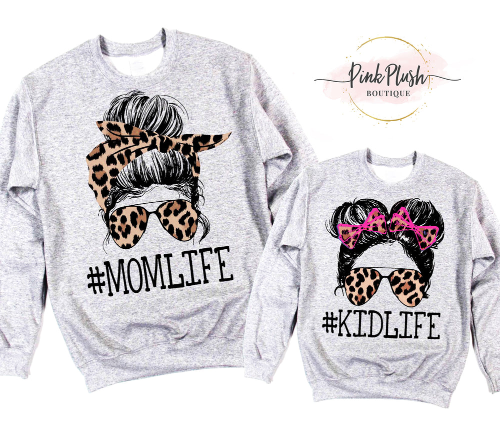 NEW! "#KIDLIFE + #MOMLIFE" Crewneck Sweatshirts - Athletic Grey / Brown Leopard