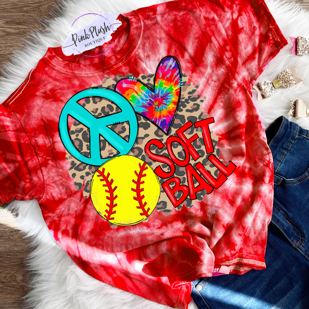 
            
                Load image into Gallery viewer, CLEARANCE | &amp;quot;Peace Love Softball&amp;quot; Tye Dye Tshirt | Size: 10/12
            
        