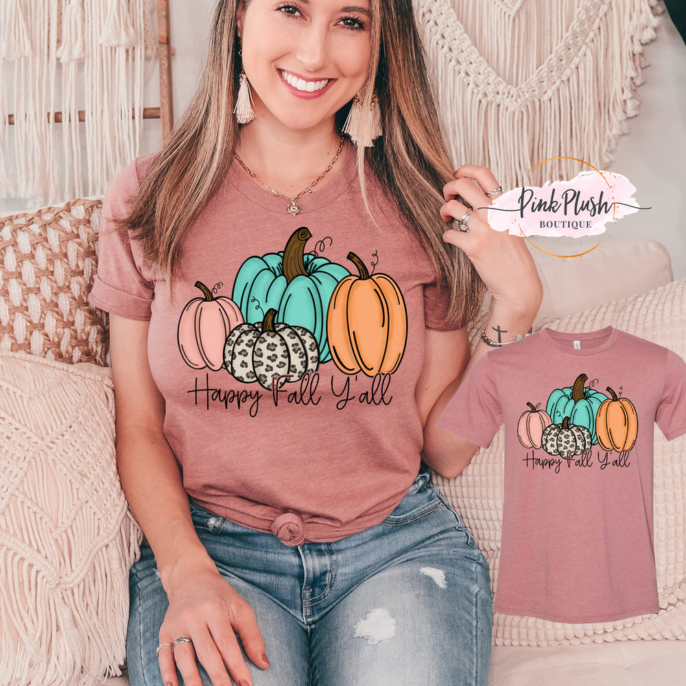 happy fall y'all pink pumpkin t-shirt