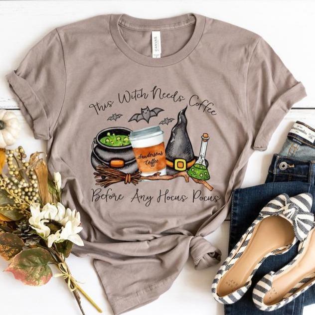 
            
                Load image into Gallery viewer, &amp;quot;This Witch needs coffee.....&amp;quot; Funny Halloween Shirt
            
        